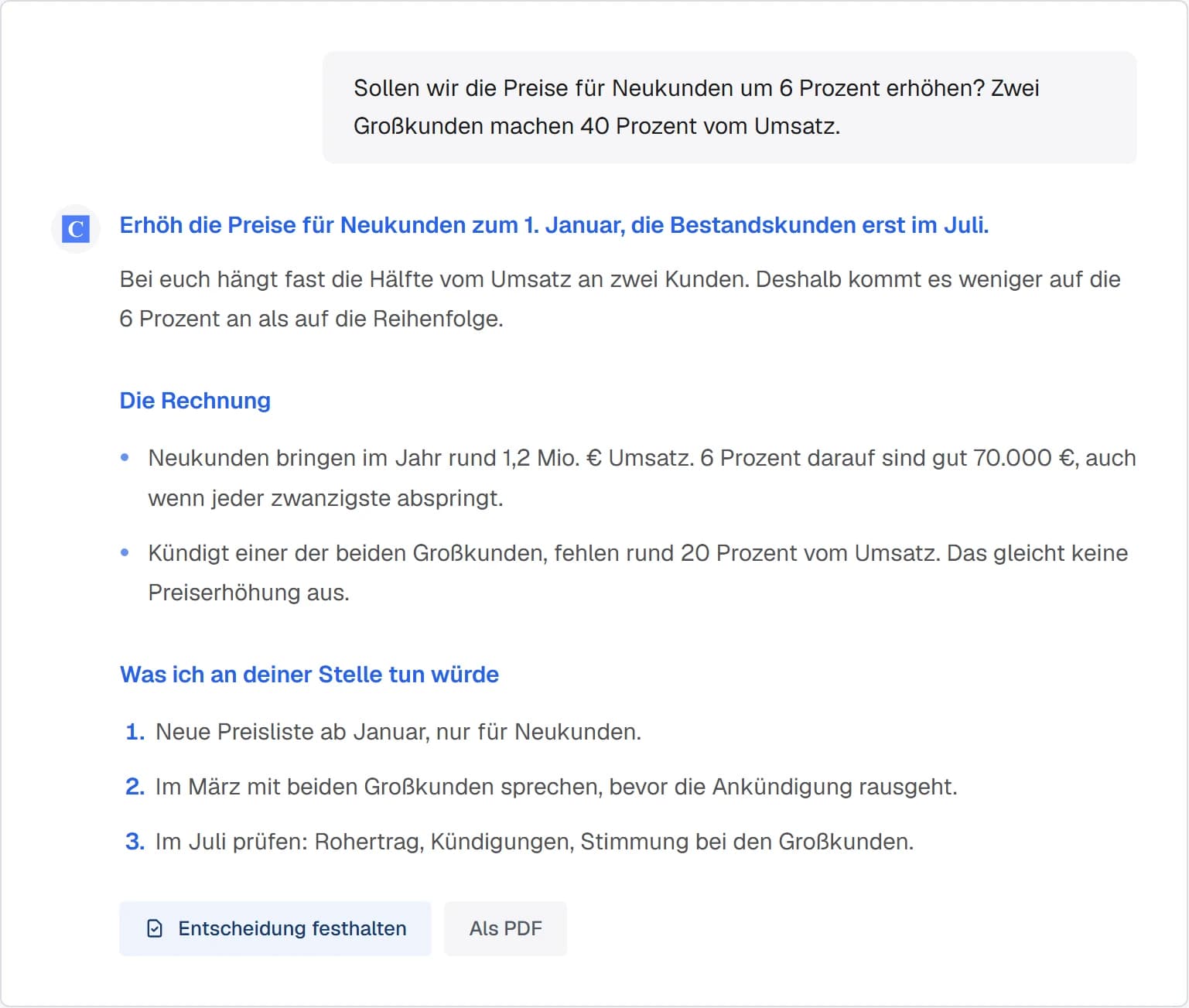 A ChiefBoard answer in the chat: a recommendation, the math and three next steps for a price increase, with the button to record the decision below.